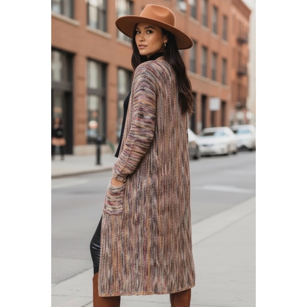 POL Earth Tone Multi Stripe Cozy Mid Length Cardigan - Picture 4 of 5